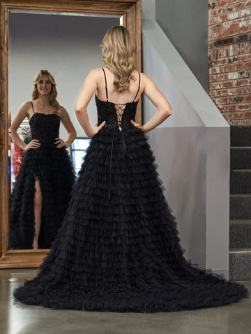 A-Line Tiered Sequins Tulle Long Prom Dress