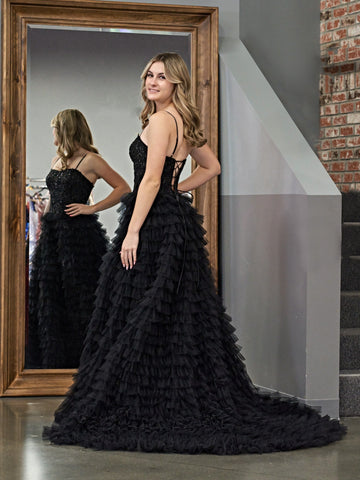 A-Line Tiered Sequins Tulle Long Prom Dress