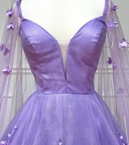 Floral Lace A-Line Prom Dress with Cape Sleeves