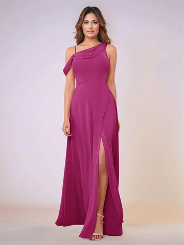 Asymmetrical Neck One Shoulder Chiffon Bridesmaid Dress With Split