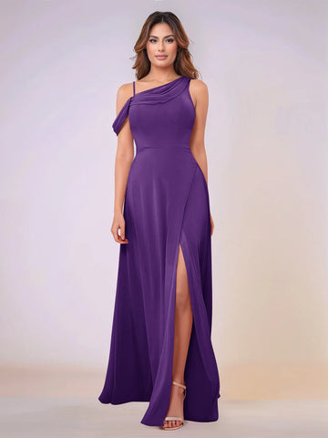 Asymmetrical Neck One Shoulder Chiffon Bridesmaid Dress With Split