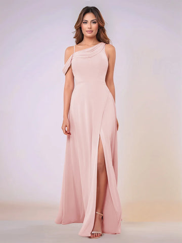 Asymmetrical Neck One Shoulder Chiffon Bridesmaid Dress With Split