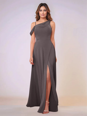 Asymmetrical Neck One Shoulder Chiffon Bridesmaid Dress With Split