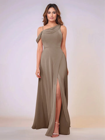 Asymmetrical Neck One Shoulder Chiffon Bridesmaid Dress With Split