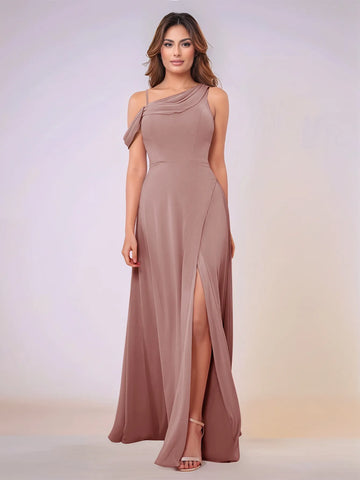 Asymmetrical Neck One Shoulder Chiffon Bridesmaid Dress With Split