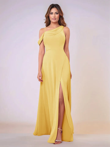 Asymmetrical Neck One Shoulder Chiffon Bridesmaid Dress With Split
