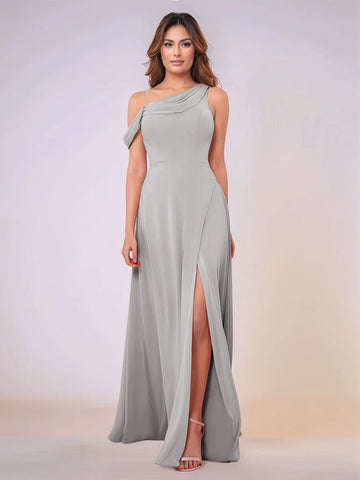 Asymmetrical Neck One Shoulder Chiffon Bridesmaid Dress With Split