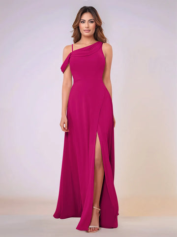 Asymmetrical Neck One Shoulder Chiffon Bridesmaid Dress With Split