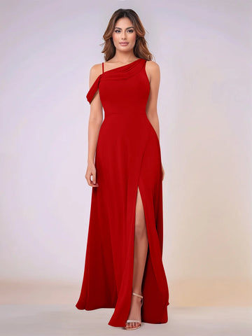 Asymmetrical Neck One Shoulder Chiffon Bridesmaid Dress With Split