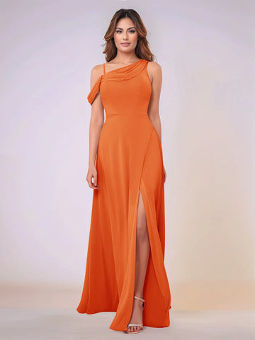 Asymmetrical Neck One Shoulder Chiffon Bridesmaid Dress With Split
