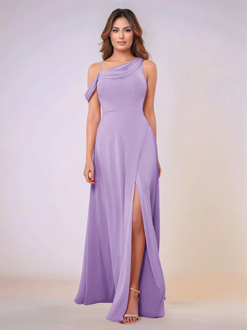 Asymmetrical Neck One Shoulder Chiffon Bridesmaid Dress With Split