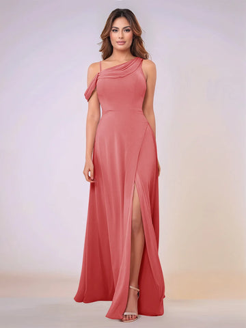 Asymmetrical Neck One Shoulder Chiffon Bridesmaid Dress With Split