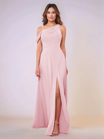 Asymmetrical Neck One Shoulder Chiffon Bridesmaid Dress With Split