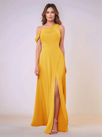 Asymmetrical Neck One Shoulder Chiffon Bridesmaid Dress With Split