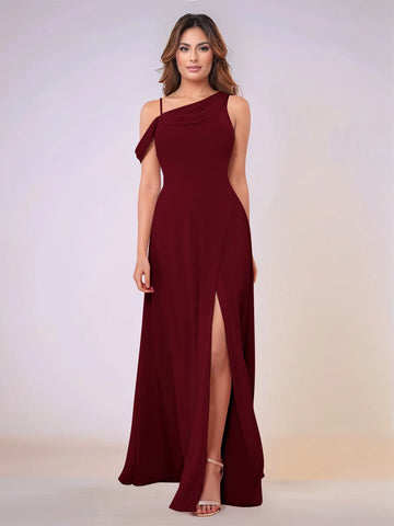 Asymmetrical Neck One Shoulder Chiffon Bridesmaid Dress With Split