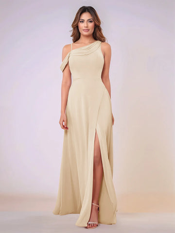 Asymmetrical Neck One Shoulder Chiffon Bridesmaid Dress With Split