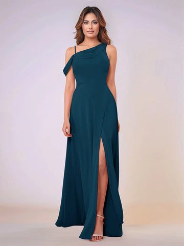 Asymmetrical Neck One Shoulder Chiffon Bridesmaid Dress With Split