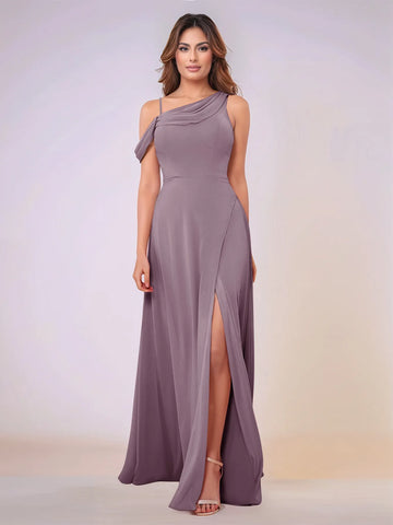 Asymmetrical Neck One Shoulder Chiffon Bridesmaid Dress With Split