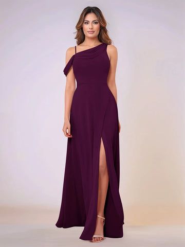 Asymmetrical Neck One Shoulder Chiffon Bridesmaid Dress With Split