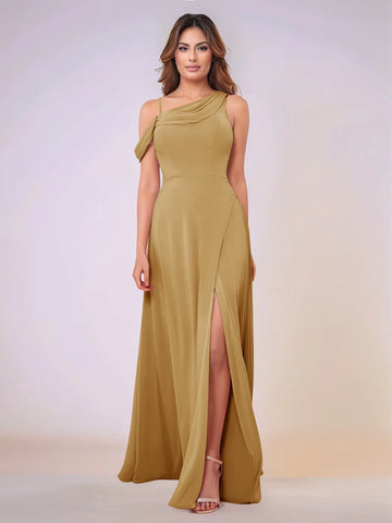 Asymmetrical Neck One Shoulder Chiffon Bridesmaid Dress With Split