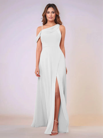 Asymmetrical Neck One Shoulder Chiffon Bridesmaid Dress With Split