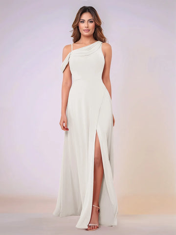 Asymmetrical Neck One Shoulder Chiffon Bridesmaid Dress With Split