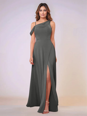 Asymmetrical Neck One Shoulder Chiffon Bridesmaid Dress With Split