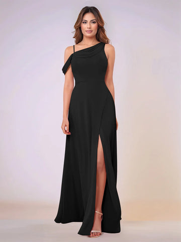 Asymmetrical Neck One Shoulder Chiffon Bridesmaid Dress With Split