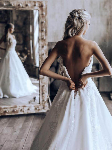 Lace A-line Sweetheart Strapless Wedding Dress, Sweep Train Bridal Dresses