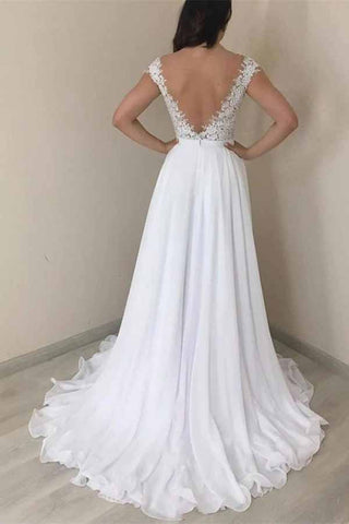 Lace A-line V-neck Cap Sleeves Wedding Dresses, Chiffon Wedding Gown
