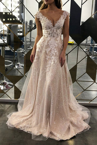 Lace A-line V-neck Sleeveless Sweep Train Wedding Dress, Bridal Gowns
