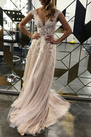Lace A-line V-neck Sleeveless Sweep Train Wedding Dress, Bridal Gowns