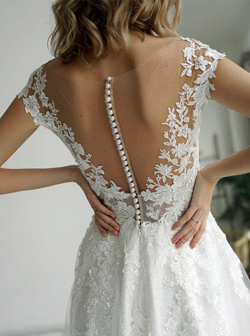 Lace A-line V-neck Sleeveless Sweep Train Wedding Dress, Bridal Gowns