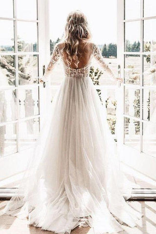 Lace Backless A-Line V-neck Long Sleeves Wedding Dresses, Bridal Dresses