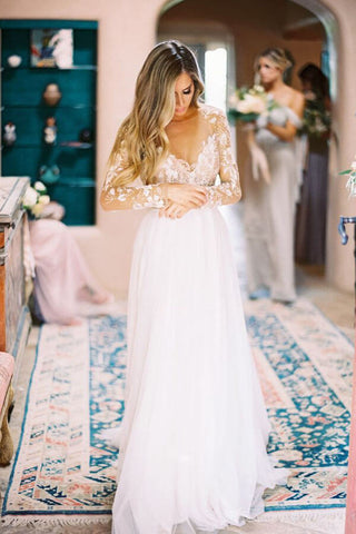 Lace Backless A-Line V-neck Long Sleeves Wedding Dresses, Bridal Dresses