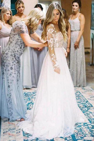 Lace Backless A-Line V-neck Long Sleeves Wedding Dresses, Bridal Dresses