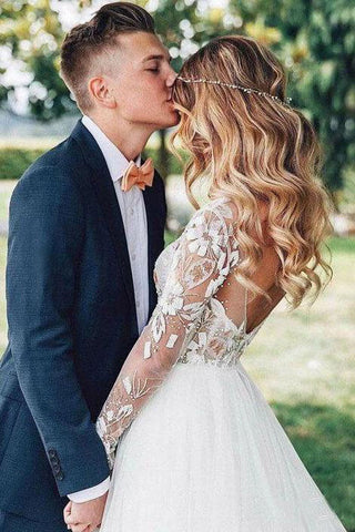 Lace Backless A-Line V-neck Long Sleeves Wedding Dresses, Bridal Dresses