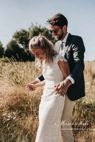 Lace Boho Mermaid Backless Cap Sleeve Bohemian Wedding Dresses