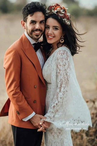 Lace Mermaid Backless Long Sleeves Rustic Wedding Dresses, Bridal Gown