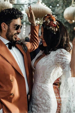 Lace Mermaid Backless Long Sleeves Rustic Wedding Dresses, Bridal Gown