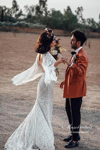 Lace Mermaid Backless Long Sleeves Rustic Wedding Dresses, Bridal Gown