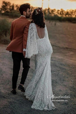 Lace Mermaid Backless Long Sleeves Rustic Wedding Dresses, Bridal Gown