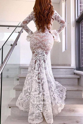Lace Mermaid Deep V-neck Long Sleeves Wedding Dress, Wedding Gown