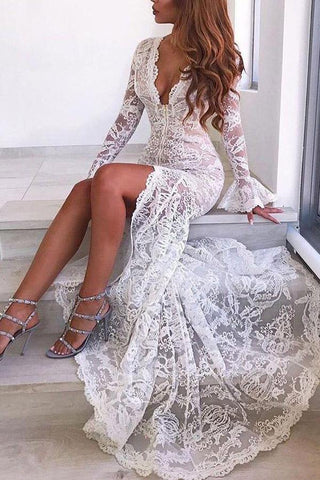 Lace Mermaid Deep V-neck Long Sleeves Wedding Dress, Wedding Gown