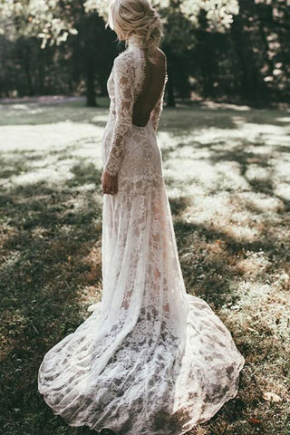 Lace Mermaid High Neck Long Sleeves Beach Wedding Dresses, Bridal Gown