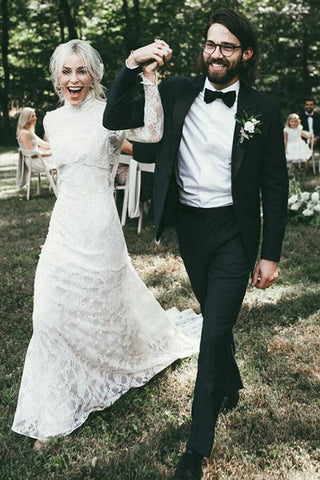 Lace Mermaid High Neck Long Sleeves Beach Wedding Dresses, Bridal Gown