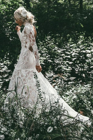 Lace Mermaid High Neck Long Sleeves Beach Wedding Dresses, Bridal Gown