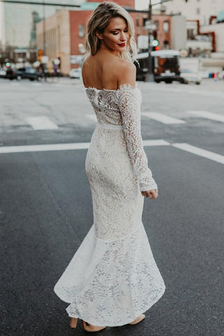 Lace Mermaid Off Shoulder High Low Long Sleeves Wedding Dresses