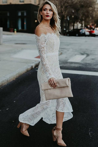 Lace Mermaid Off Shoulder High Low Long Sleeves Wedding Dresses