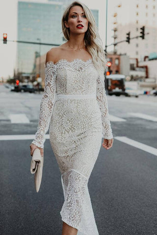 Lace Mermaid Off Shoulder High Low Long Sleeves Wedding Dresses